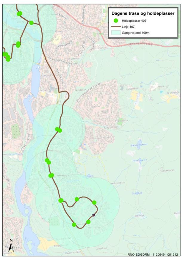 Dette innebærer en vesentlig omlegging i forhold til dagens trase. Traseen for linje 407 anbefales beholdt som i dag.