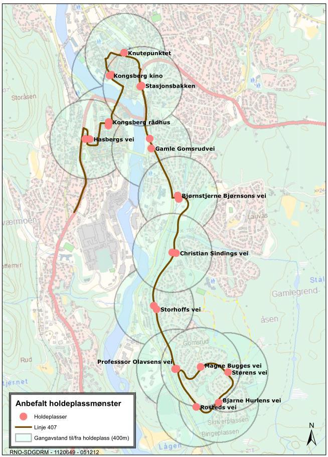 94-(122) UTREDNING Figur 96 Forslag til nytt holdeplassmønster på linje 407 til Gamlegrendåsen sør. Nytt holdeplassmønster gir en gjennomsnittlig holdeplassavstand på 550 meter.