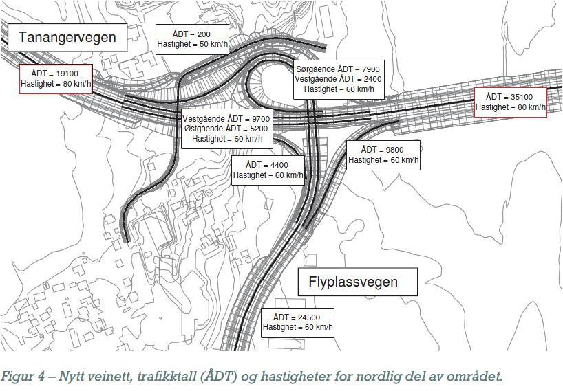 Figur 5 Utsnitt fra Støykartlegging med hastighet. Rådmannen kan ikke se at reguleringsplanens støykartlegging er utarbeidet på feilaktig grunnlag for hastighet.