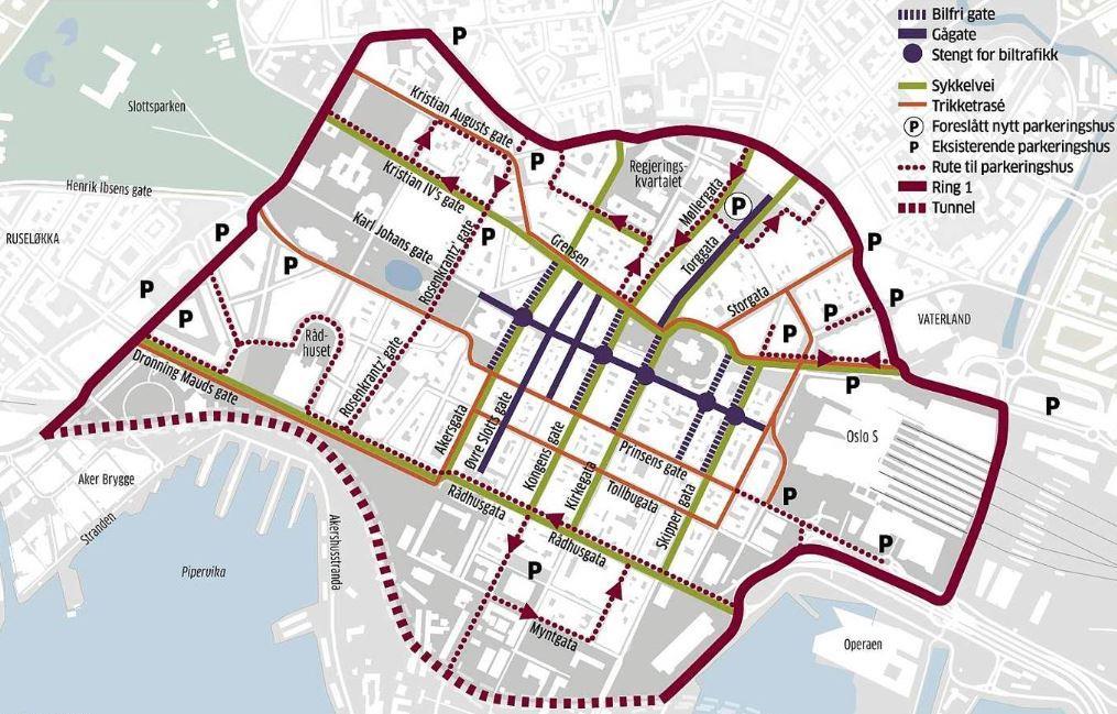 Figur 7.21: Forslag til bilfritt-sentrum plan for Oslo (Løken, 2016) På en annen side vil en slik restriksjon kunne føre til flere gående, syklende og kollektivreisende.
