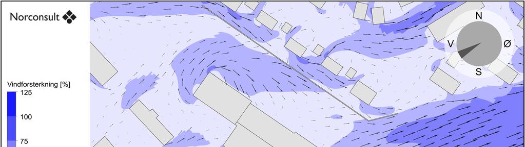 Vind fra vest-sørvest Figur 14: Vindforsterkning og strømningspiler i kroppshøyde ved vind fra vest-sørvest - dagens situasjon.