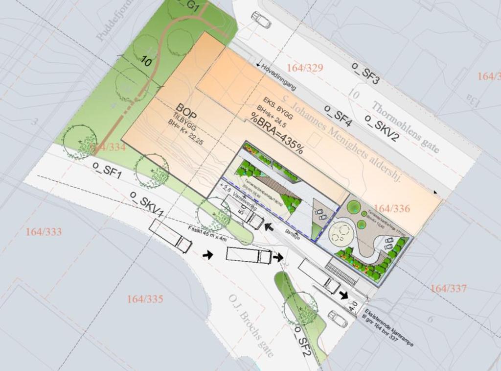 Bygget får ny kjøreadkomst fra O. J. Brochs gate Sankt Johanneshjemmet har i dag hovedadkomst fra Thormøhlens gate, og det legges i planforslaget opp til ny kjøreadkomst fra O. J. Brochs gate. Kjøreadkomsten er lagt til underetasjen og skal dekke varelevering, parkering og renovasjon.