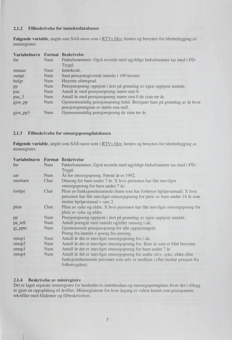 2..2 Filbeskrivelse for inntektsdatabasen Følgende variable, angitt som SAS-navn som i RTVs filer, hentes og benyttes for tilrettelegging av miniregister.