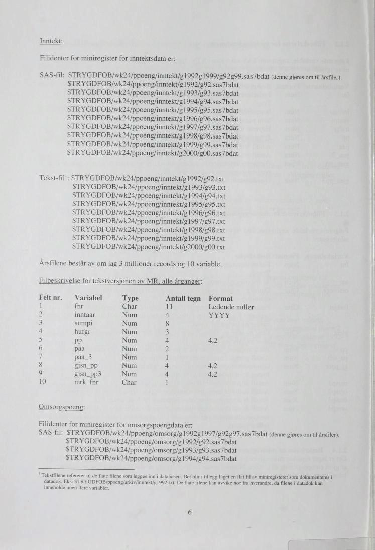 Inntekt: Filidenter for miniregister for inntektsdata er: SAS-fil: STRYGDFOB/wk24/pPoeng/inntekt/g992g999/g92g99.sas7bdat (denne gjøres om til åreffler) STRYGDFOB/wk24/ppoeng/inntekt/g 992/g92.