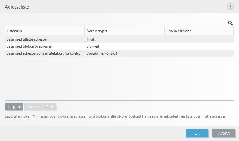 Kontrollelementer Legg til Oppretter en ny liste i tillegg til de forhåndsdefinerte listene. Dette kan være nyttig hvis du vil dele ulike adressegrupper på en logisk måte.