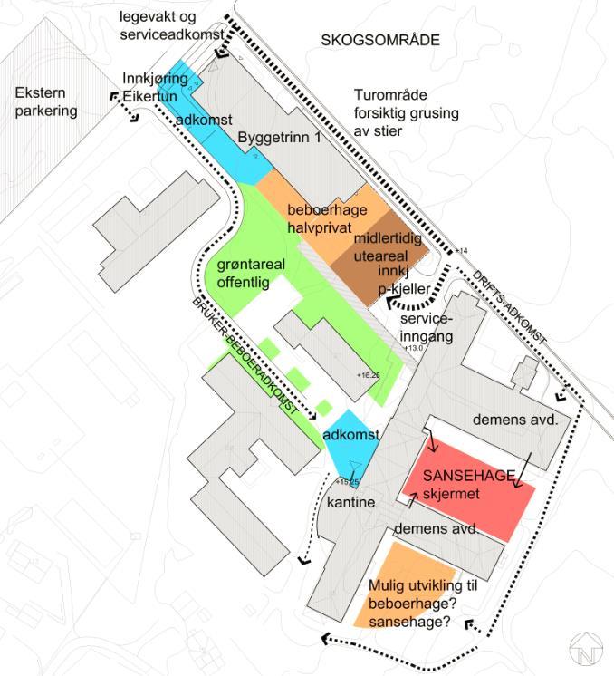 I nærheten av inngang for korttid/rehabilitering legges et lite lekeområde med enkle aktiviteter for barn. Dette er et hyggelige innslag for beboere og besøkende og kan skape liv i området.