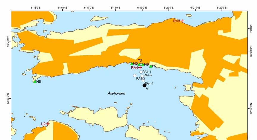 Figur 5. Kart over Åsefjorden, med stasjoner for biologiske undersøkelser og kommunale utslipp. 2.