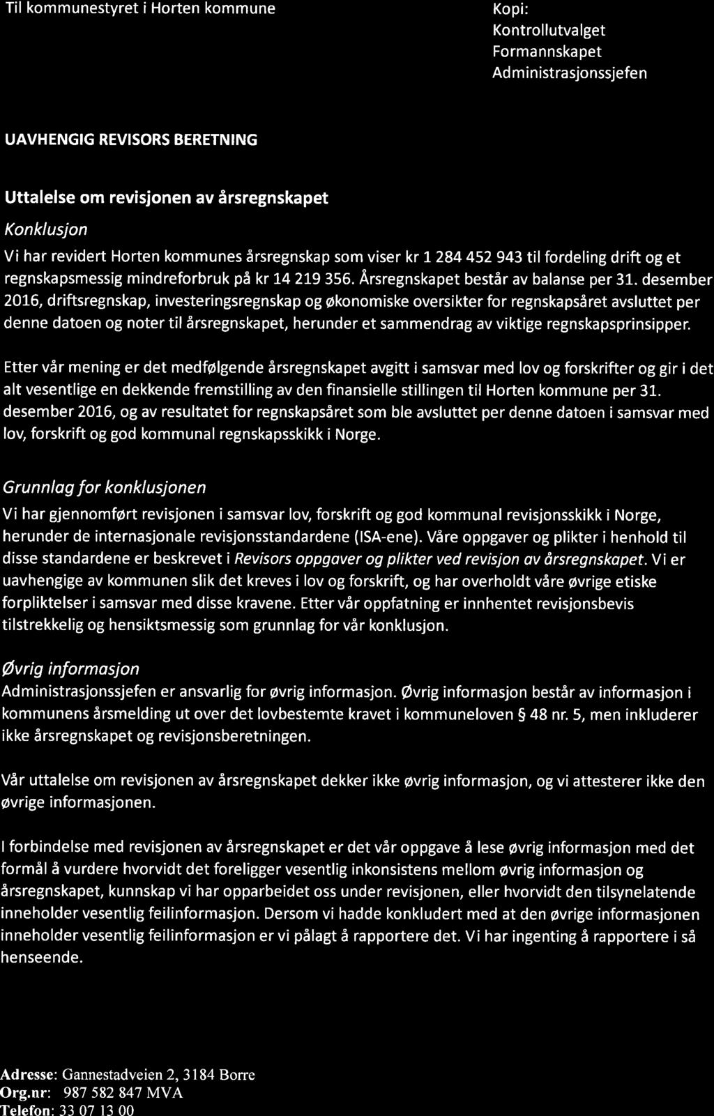 12/17 Horten kommune - årsregnskap og årsmelding 2016. - 17/00103-1 Horten kommune - årsregnskap og årsmelding 2016.