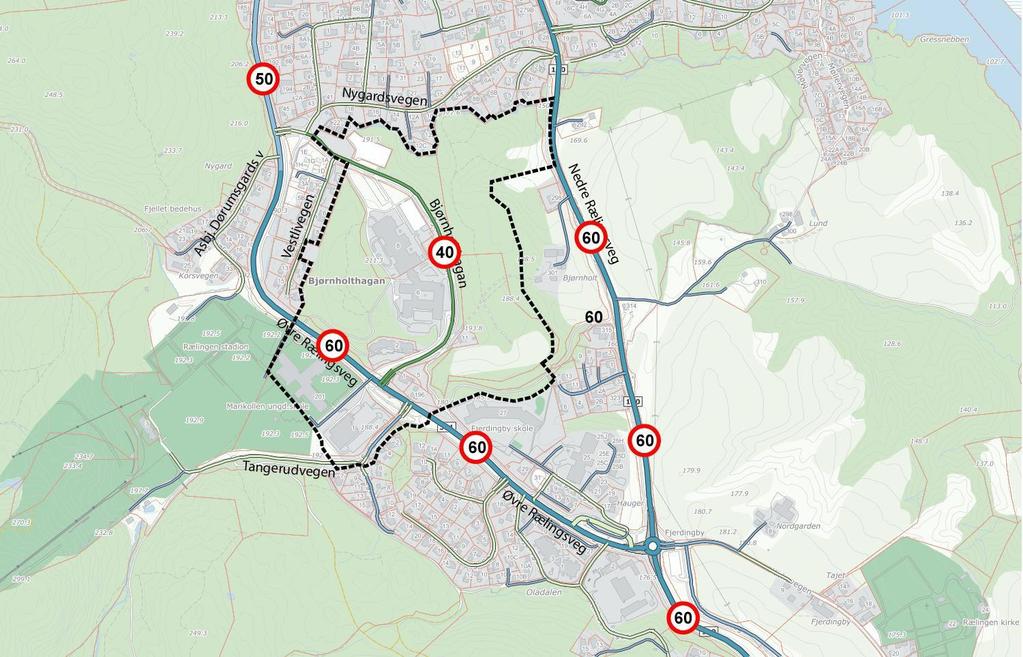 Fjerdingby Trafikkanalyse Side9 Figur 3 : Dagens vegnett (kilde : Nasjonal vegdatabank) Forklaring : Rød = Fylkesveg, Blå = kommunal veg, Grønn = Privat veg