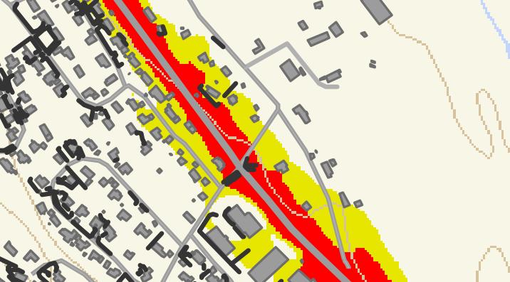 Delar av planområdet ligg i raud støysone og delar i gul. Plangrense 9 Utsnitt av støysonekart frå Statens vegvesen basert på trafikkprognoser for år 2025. 6.