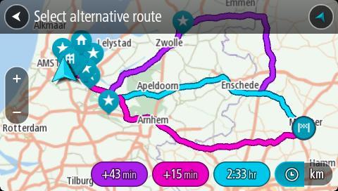 Tips: Informasjon fra TomTom Traffic brukes ved beregning av alternative ruter. Ruter som er 50 % lengre i tid enn den opprinnelige ruten, vises ikke. 5. Velg ruten du ønsker ved å trykke på tidsballongen.