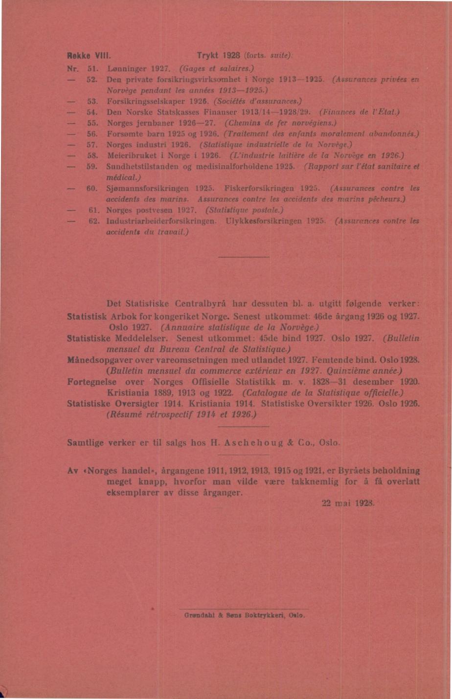 Rekke V Trykt 1928 (frts suite) r 51 Lønninger 1927 (Gages et salaires) 52 Den pvate frsikngsvirksmhet i rge 1913-1925 (Assurances pvies en rvège pendant les années 1913-1925) 53 Frsikngsselskaper