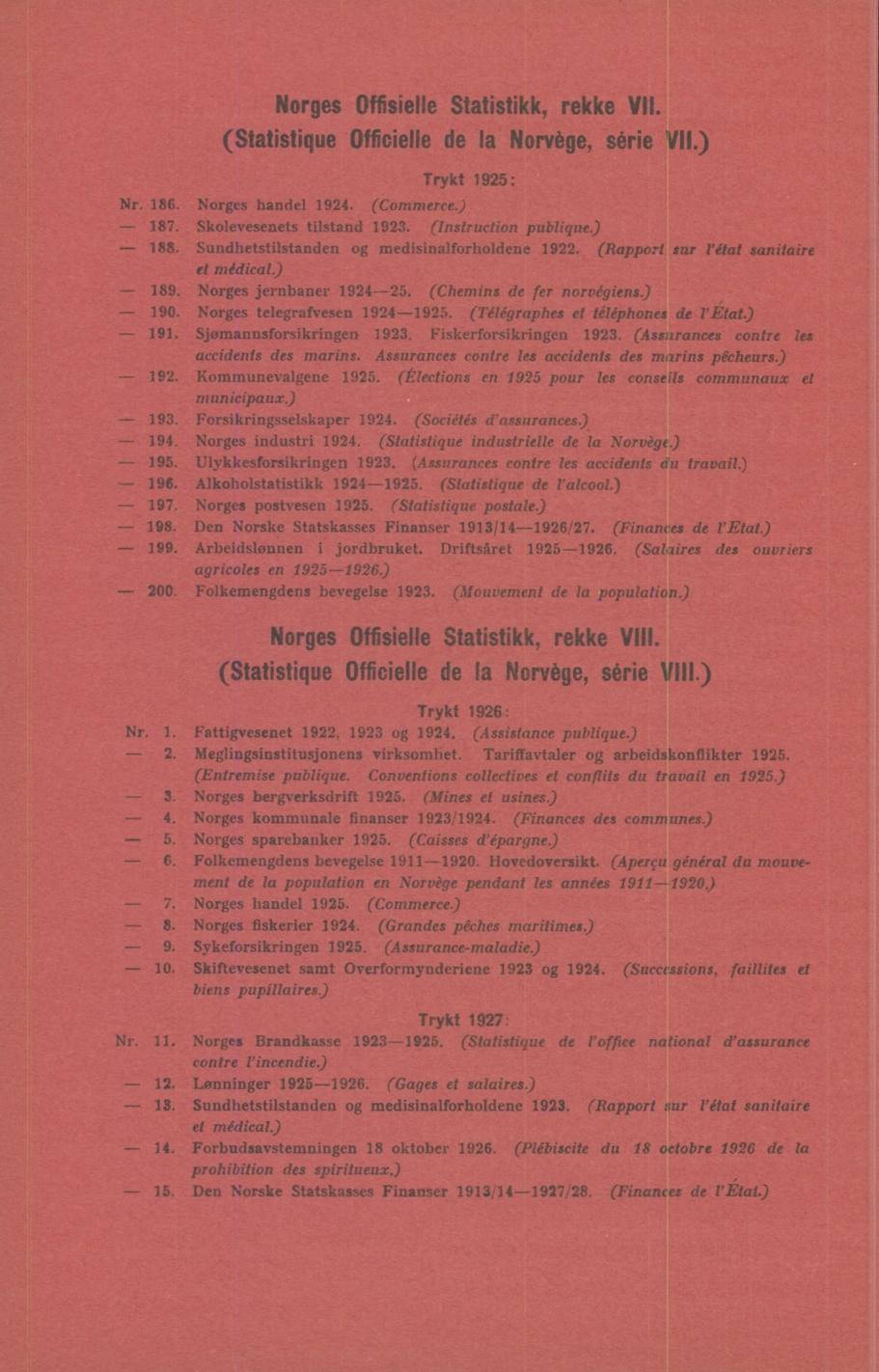 rges Offisielle Statistikk, rekke V (Statistique Officielle de la rvège, sée V) Trykt 1925: r 186 rges handel 1924 (Cmmerce) 187 Sklevesenets tilstand 1923 (nstructin publique) 188 Sundhetstilstanden