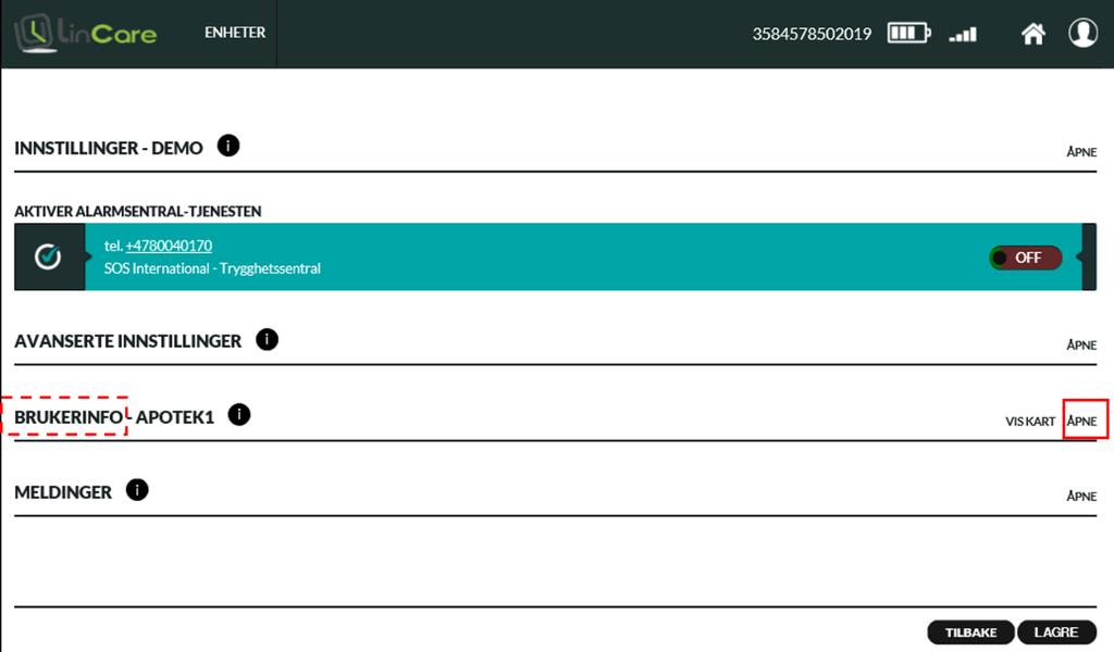 4.15 Endre bruker (bærer) av smartklokken Logg inn på portalen (www.lincare.no) med ditt brukernavn og passord. Fra hovedskjermbildet trykker du på tannhjul-symbolet «Åpne».
