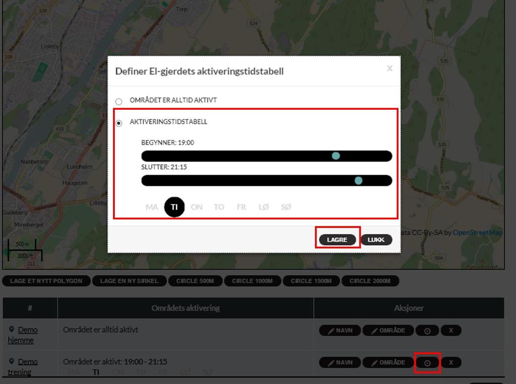 Det kan settes opp tidspunkter for når hvert enkelt område skal være aktivert. Trykk på klokke symbolet for å få opp bildet for å velge dager og klokkeslett.