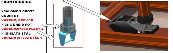 Dekselet på frontbinding åpnes så mye som mulig Front skyves ned i bindingen å låses, ved å vippes ned. A-101; Øvre del i cnc makinert pom plast med frontdel binding i stål.