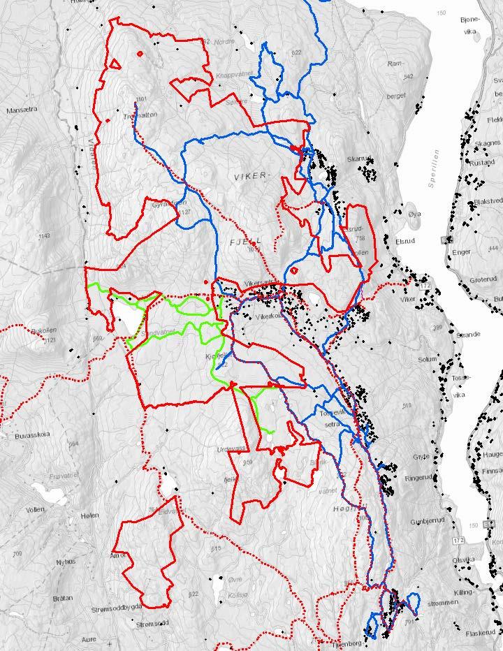 Oversikt over stier (rød stiplet), skiløyper (blå), hundeløyper (grønn) og hytter