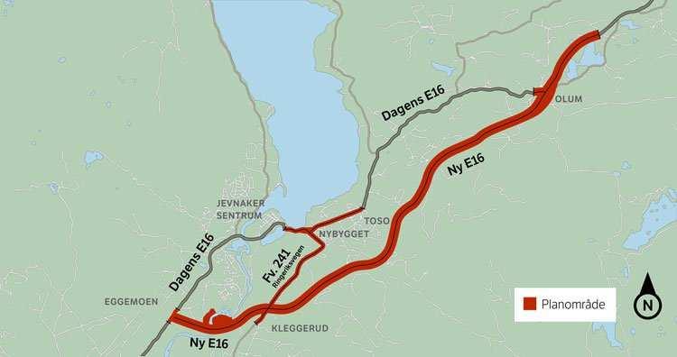 Figur 4 Prosjektområdet (Planområde) Ny E16 To-felts veg, midtrekkverk og forbikjøringsfelt (H5) 12,5 km To planskilte kryss og en rundkjøring To lange bruer Randselva (ca. 620 m) Svenådalen (ca.