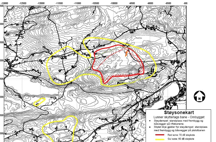 Ytterligere støydemping av banen ved at standplass til pistolbanen oppgraderes, medfører at kun en bolig blir liggende innenfor rød støysone for pistobanen mens ca.