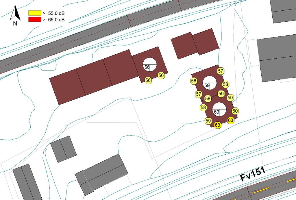 Støyutredning Sagstugrenda 15 Innendørs støynivå fra vegtrafikkstøy For nybygg som bygges etter TEK10 vil krav til innendørs støynivå i henhold til NS 8175:2012 som regel være oppfylt med L DEN < 62