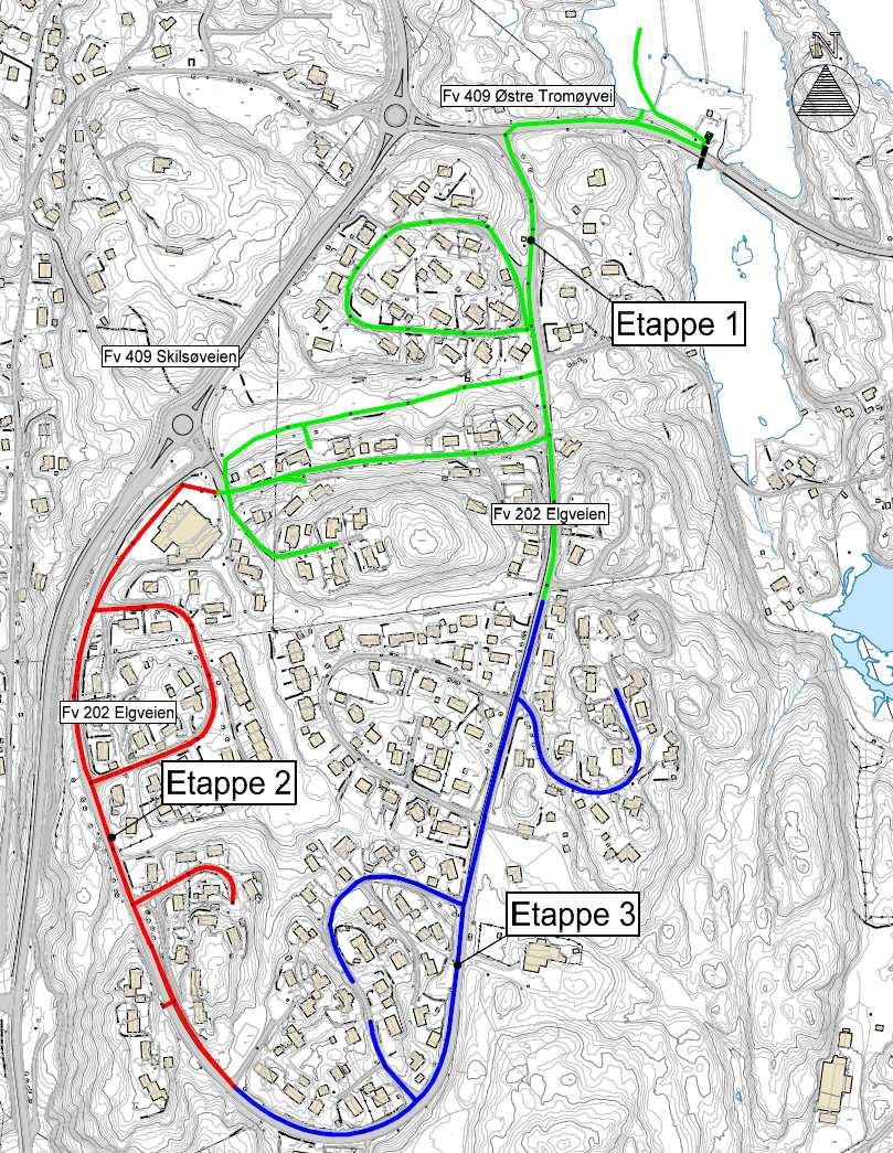 Hele Tybakken-området er delt inn i tre saneringsetapper som kommunen planlegger å gjennomføre etter tur.