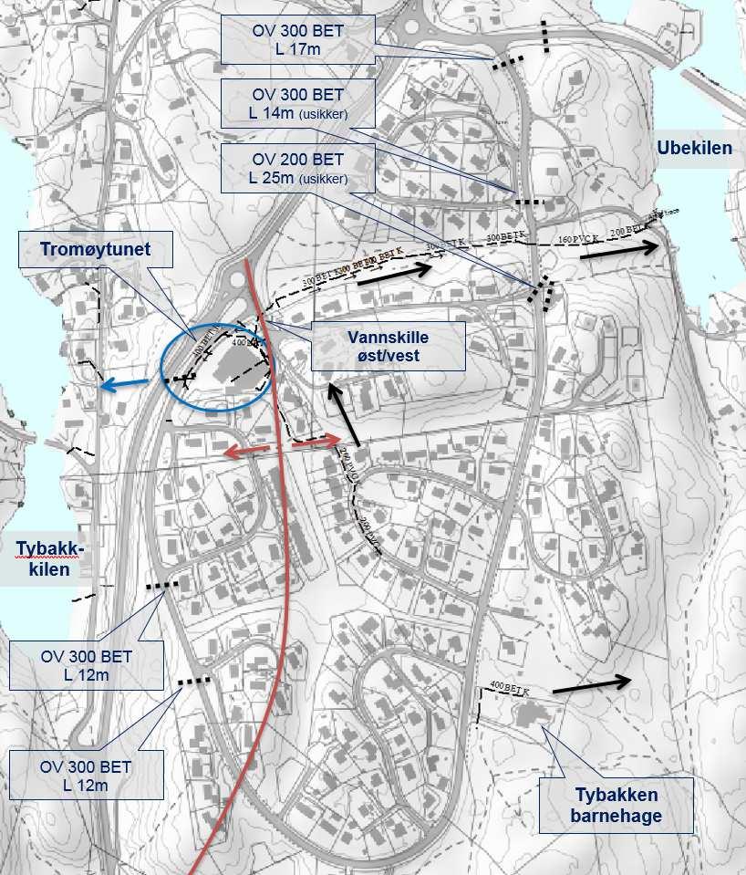 Dagens overvannssystem Dagens overvannssystem er lite utbygd. Fra østre områder ledes overvann gjennom skog/myrområde og ned mot indre del av Ubekilen.