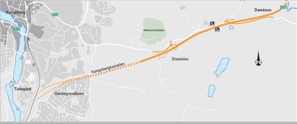 Delstrekning 1: Damåsen - Tislegård Tilkobling til eksist. E134 på Damåsen + Fv.