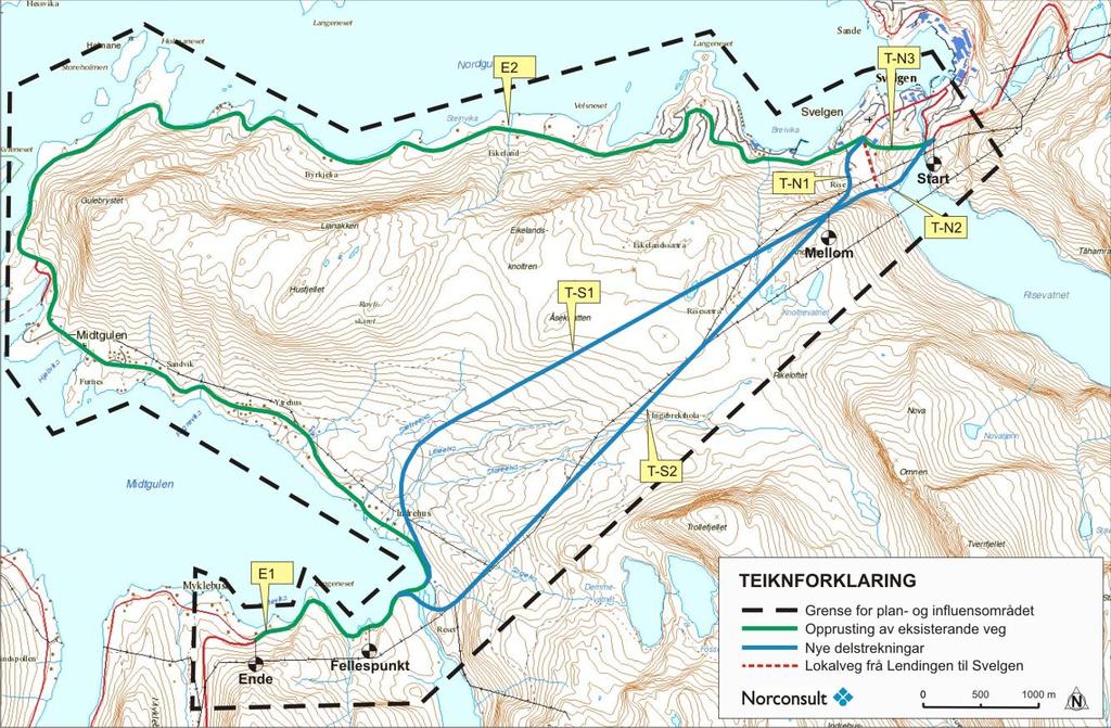 Kommunedelplan med Konsekvensutgreiing for parsell av fv 614; Svelgen - Myklebust 3 TILTAKET OG TEKNISKE LØYSINGAR Tiltak og influensområdet er vist på figur 3.1. Tiltak og influensområdet femnar om areal som vert påverka av eit eller fleire av traséalternativa som skal utgreiast.