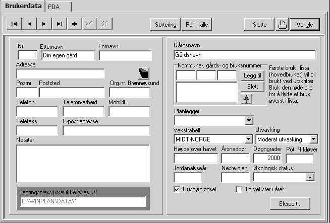 Legg inn opplysninger om brukeren og om gården. Personopplysninger, telefonnummer osv. vil komme på utskriftene.