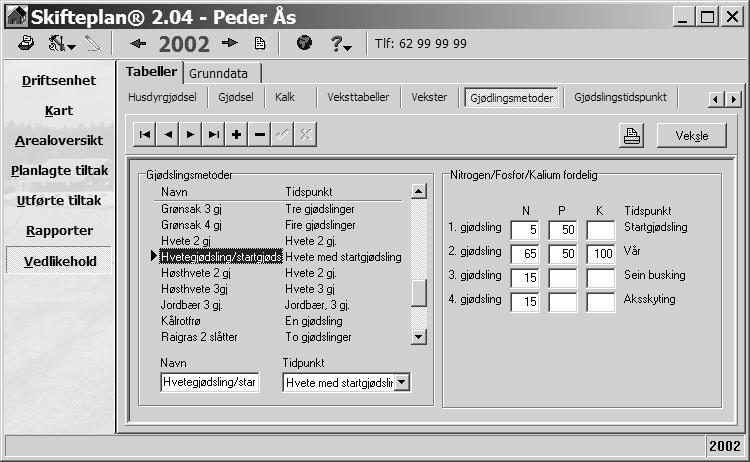 Gjødslingsmetode Åpne Vedlikehold Tabeller Gjødslingsmetoder og følgende bilde kommer: Med knappen (+) på databasenavigatoren får vi fram et nytt skjema til ny utfylling.