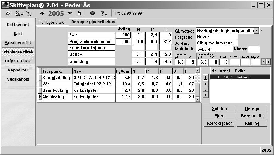 Programmet finner gjødselmengden etter N-behovet. Vi antar at gjødslingsaggregatet som skal gi startgjødslingen er innstilt på 5 kg.