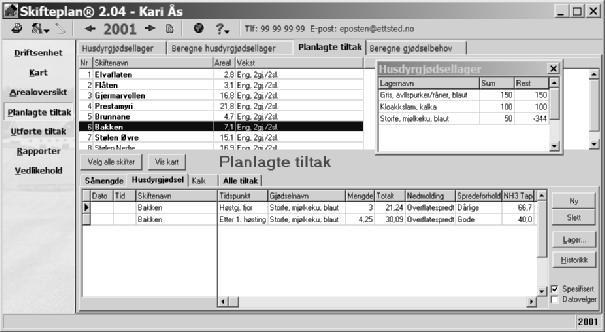 Her velger vi gjødseltype og mengde under fanen Husdyrgjødsel. Trykk på knappen Lager (nederst til høyre i bildet) for å se tilgjengelig mengde.