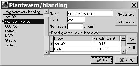 3. Legg inn de aktuelle plantevernmidlene og mengder i blandingen. Du får ny linje ved å trykke på den nederste Ny knappen. 4. trykk knappen Ok for å bruke den nye blandingen.