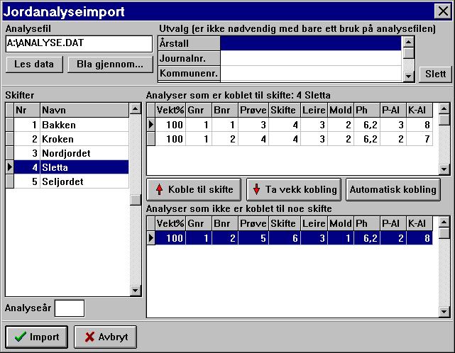 Del 7 Andre funksjoner I programmet finnes en del andre funksjoner som er beskrevet i denne delen. Innlesning av jordanalysedata fra diskett Noen jordanalyselaboratorier tilbyr analyser på diskett.