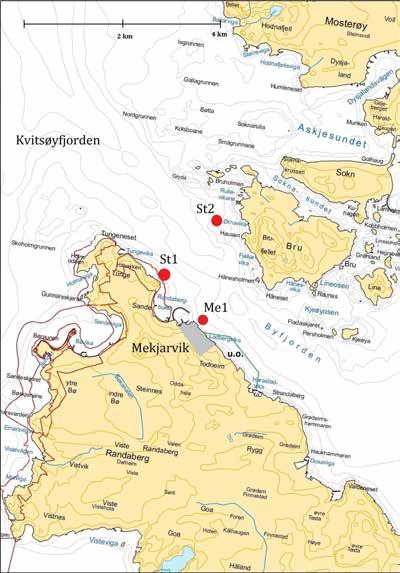 Figur 2. Kart over området. Omtrentlig plassering av utfyllingsområdet (u.o.) er markert med grønne streker. Profilerende strømmålinger har blitt foretatt på stasjonen markert Me1.