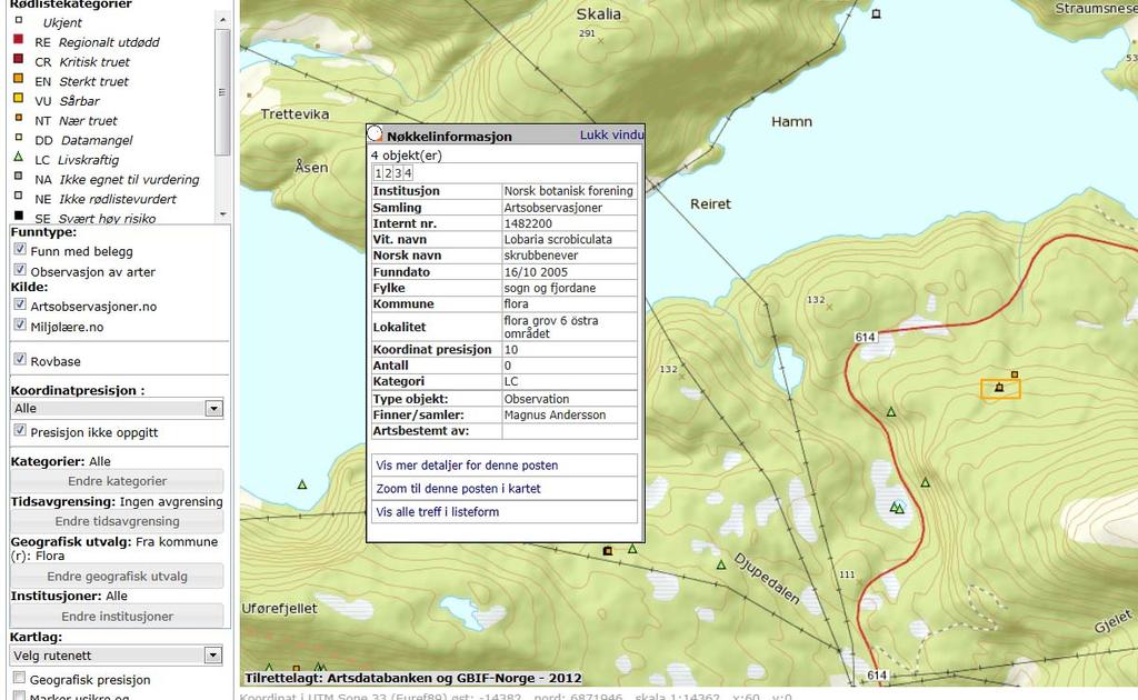 Lobaria scrobiculata, skrubbenever, registrert 16/10-2005. Kategori Livskraftig LC Som kartene her viser, finnes det ingen registrering innenfor det aktuelle området på Grovastøylen.