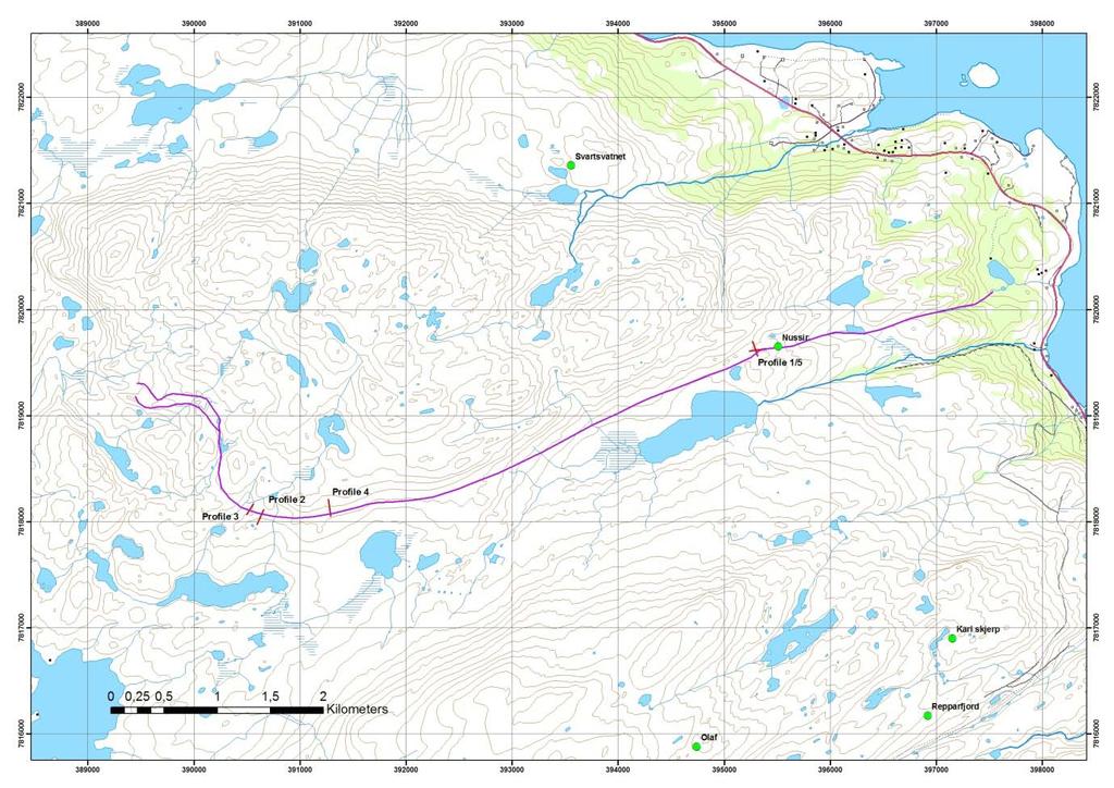 Figur 15: Lokalisering av målelinjene fra 2007. Røde linjer angir profilene, lilla linje utgående av Nussirforekomsten. 5.