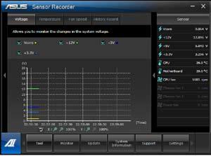 Sensor Recorder Sensor Recorder lar deg overvåke endringene i systemspenningen, temperaturen og viftehastighet, samt lagring av endringene.