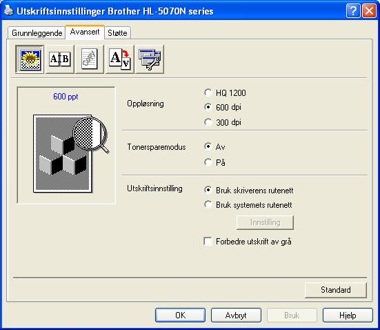 Kategorien Avansert Hvis du bruker Windows NT 4.0, Windows 2000 eller XP, kan du gå til kategorien Avansert ved å klikke på Utskriftsinnstillinger.