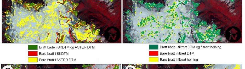 opprettet fra SK DTM og helningsmodellen opprettet fra ASTER-DTMen med og uten filtrering.