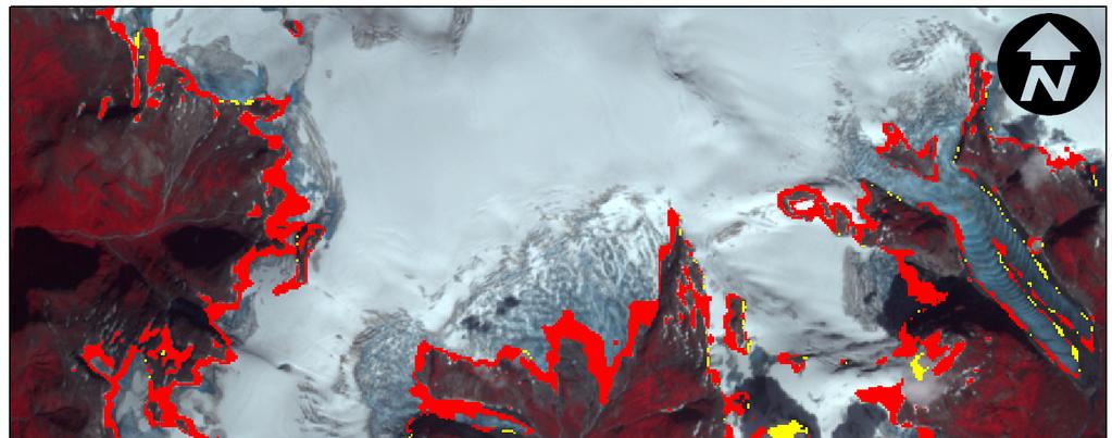 Figur 4.23. Figuren viser med fargekoder hvilke områder kartlagt som bre bare i ASTER eller Landsat TM-scenen.