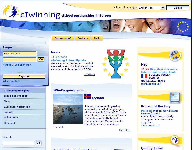 Bli kjent med etwinning! Gratistjenesten etwinning er tilgjengelig på nettadressen www.etwinning.net. Figur 1. Forside til etwinning-sidene. Det er enkelt å komme i gang med å bruke dette verktøyet.