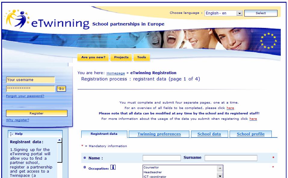 Figur 2. Registrering på e-twinning. Når du er ferdig, finner du arkfanene «Twinning preferences», «School data» og «School profile» over det feltet hvor du skrev inn navnet ditt (se figur 3).