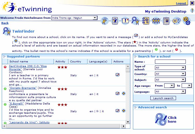 Figur 5. TwinFinder i etwinning. Legg merke til feltet «Search for a school» til høyre. Der kan du legge inn de kriteriene du vil, og hoppe over de kriteriene du vurderer som mindre relevante.