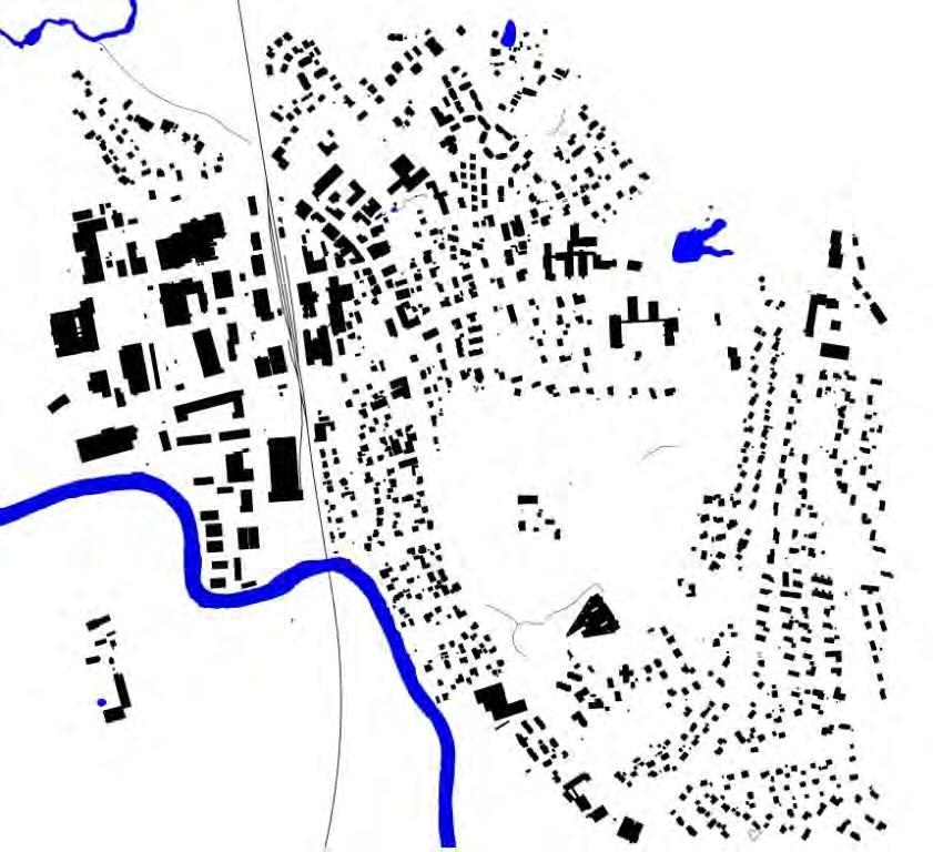 Morfologisk kart som viser dagens situasjon med bygninger, vann og jernbanen.