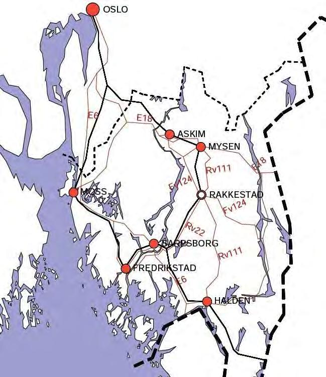 Jernbanen Østre linje av Østfoldbanen har sitt utgangspunkt i Ski stasjon, går mot Askim, dreier sørøstover mot Mysen/ Rakkestad og Gautestad inntil den når Sarpsborg stasjon.