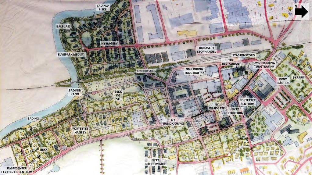 Plansmia Rakkestad 2031 - Oppsummering av planen i hele sentrum: De viktigste elementene i forslaget: Planen som er illustrert er hele sentrumsområdet i Rakkestad i