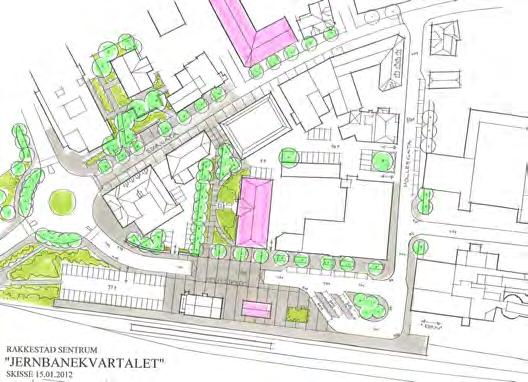 Utviklingsskissen for Jernbanekvartalet viser etablering av en kollektivterminal, med sentralt Jernbanetorg, samt Jernbanepark i forlengelsen, som skaper en forbindelse til Storgata.