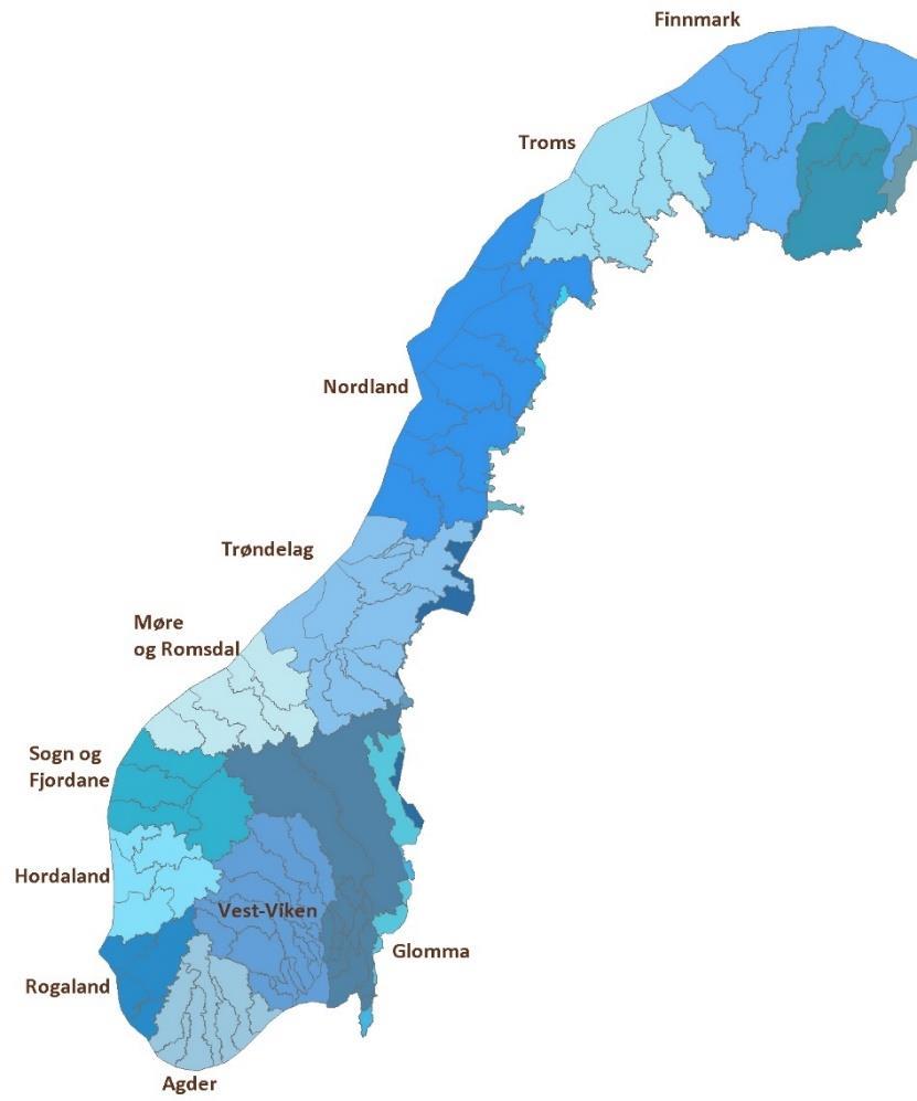 Figur 2-2 Oversikt over vannregioner i Norge. Grensene mellom vannområdene i hver region fremgår også. Kilde: www.vannportalen.no. (1.08.