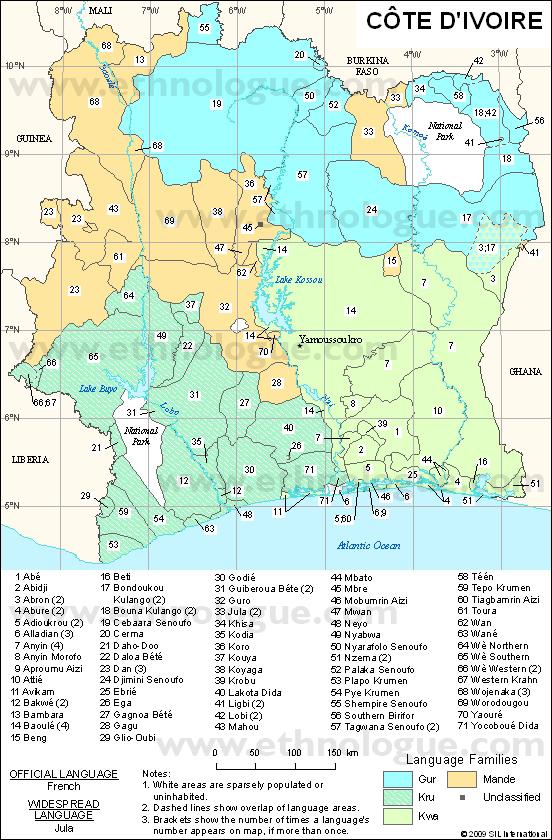Oversiktskart over de fire etniske hovedgruppene i Elfenbenskysten: gur,